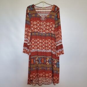 ONE WORLD STARAC DRESS MIDI FLORAL BOHO HIPPIE LOUNGE LONG SLEEVE WOMENS ( XL)